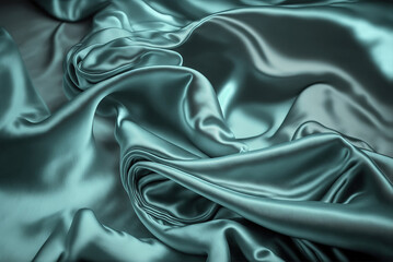 Obraz premium Beautiful fabric background. Satin, atlas, silk drapery textiles. Ripples and Folds form a Wavy Grey Green Blue Cyan Texture. Generative art