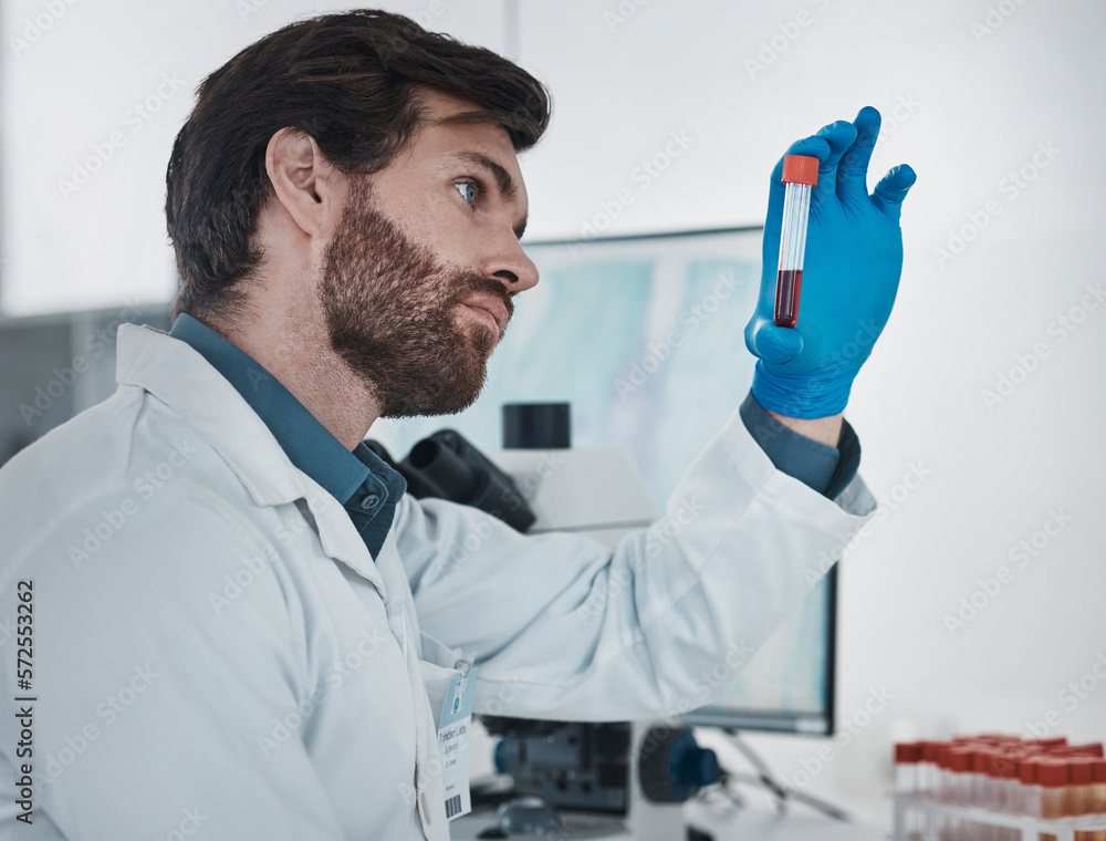 Poster science, dna and sample with a doctor man at work in a laboratory for analysis or research. medical,
