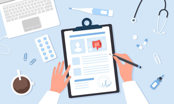 Colonoscopy concept. Proctologist writing results of examine intestine. Top view doctor workplace with lists, pills and stethoscope. Vector illustration in flat cartoon style. Prevention of cancer.
