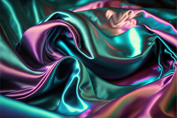 Beautiful fabric background. Satin, atlas, silk drapery textiles. Ripples and Folds form a Wavy Holographic Green Cyan Purple Texture. Generative art