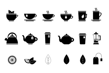 Collection of vector illustrations of tea and coffee cups. Contours and silhouettes of cups, teapot, leaves.