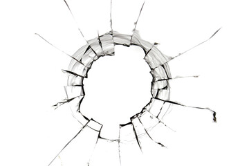 Hole in glass isolated cracks on white