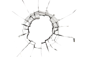 Hole in glass isolated cracks on white