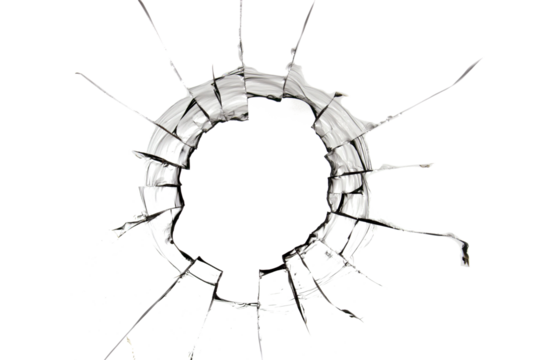 Hole in glass isolated cracks on white