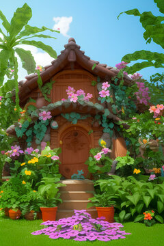 generative AI. fantasy wooden house illustration with tropical flowers and plants in the garden. Kids cartoon animation movie painting style.