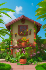 Fototapeta na wymiar generative AI. fantasy wooden house illustration with tropical flowers and plants in the garden. Kids cartoon animation movie painting style.