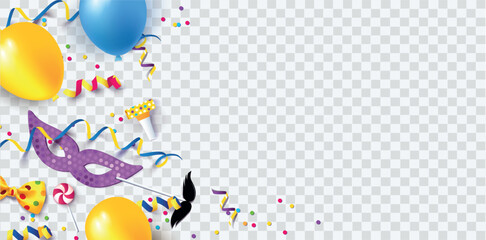 Carnival background flat lay. Carnival mask, streamers, confetti, balloons. Vector illustration