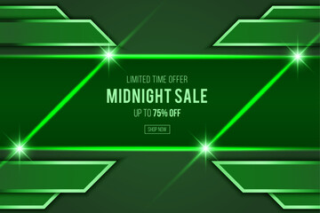 Fototapeta na wymiar Green midnight sale neon style heading design for banner or poster. Sale and Discounts Concept. Vector illustration.