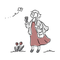 テイクアウトコーヒーを片手にお散歩する女性のイラスト素材
