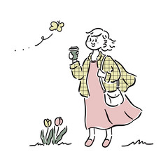 テイクアウトコーヒーを片手にお散歩する女性のイラスト素材