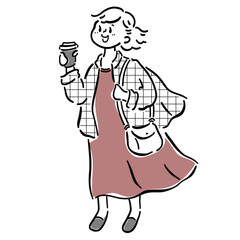 テイクアウトコーヒーを片手にお散歩する女性のイラスト素材