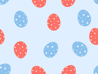 Seamless pattern with Easter eggs and white flower on blue background vector illustration.