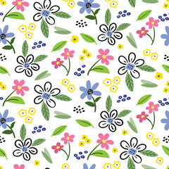 Seamless Pattern with Hand Drawn Flower Art Design on White Background