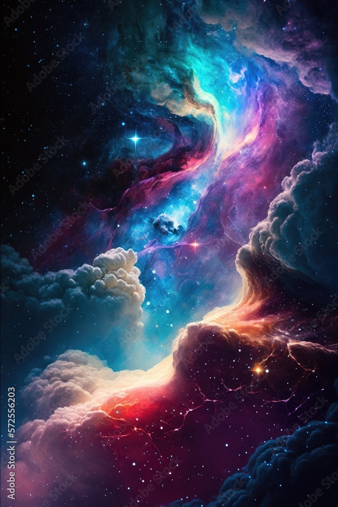 Poster Abstract outer space endless nebula galaxy background. Large view of a colorful dark nebula in space. Cosmic background with bright shining stars, galaxies, and a deep universe. Generative ai