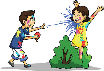 Holi Celebration, Indian festival. Young couple (Friends) Playing Holi celebration poster, banner, wallpaper. vector illustration design.