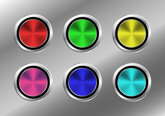 Colorful metal buttons. Abstract technology circle button template with metal texture. 