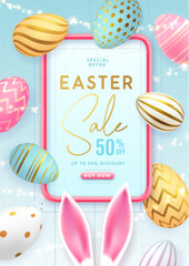 Happy Easter typography big sale poster with colorful easter eggs and rabbit ears. Greeting card or poster. Vector illustration