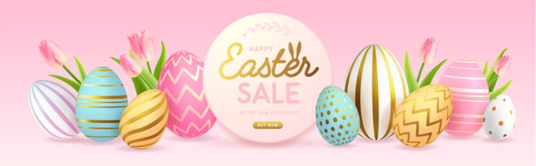 Happy Easter typography big sale poster with colorful easter eggs and spring tulips. Greeting card or poster. Vector illustration