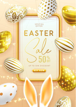 Happy Easter typography big sale poster with gold easter eggs and rabbit ears. Greeting card or poster. Vector illustration