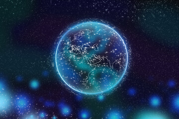 Neon planet in the universe. Hologram. Earth Day. Glowing planet Earth.
