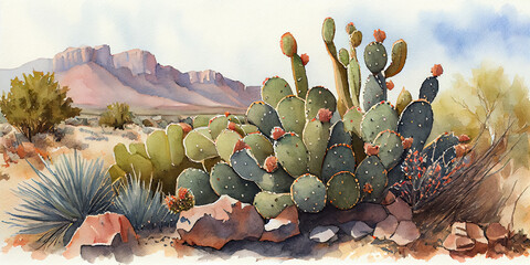 West Texas Big Bend Cactus Watercolor Painting - Desert Landscape Artwork with Beautiful Cacti, Mountains, and a Watercolor Technique