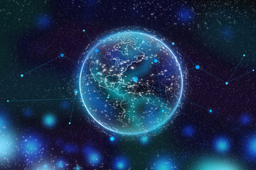 Planet map. World map. Global social network. Background with planet Earth. Internet and technology. Connected network around planet earth from space for global concept. Technology connects the world.