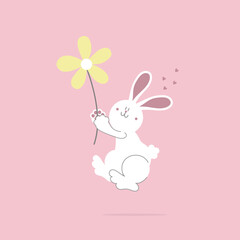 Obraz na płótnie Canvas animal pet bunny rabbit and flower, valentine’s day, happy easter, flat vector illustration cartoon character
