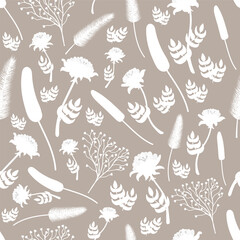 Seamless square floral pattern on beige background. Decorative pattern with various white flowers and plants. Botanical flat minimalistic illustration.Background for printing, fabric.
