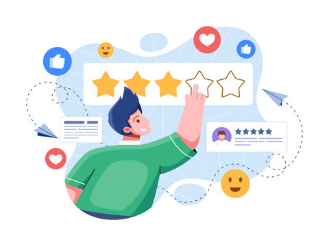 A person giving a star rating to a product or service by pointing at the desired number of stars. The person is shown with their finger pointing at the star.
Suitable for landing page, app, web, etc