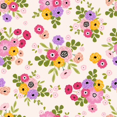 Vivid flowers seamless pattern, digital paper repeating background, meadow vibrant flowers. Fabric, wallpaper, wrapping paper, stationery seamless vector pattern
