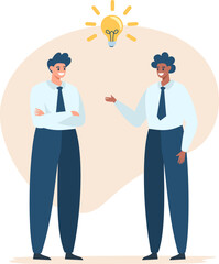 Flat vector illustration. Two businessmen discussing a common idea