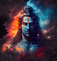 Lord Shiva in a transcendental spiritual image against the background of the cosmos. Mahamaya. Gurudeva. electronic art. Generative AI

