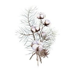 pine branch wiht the cones, cotton watercolor isolated image on white background. It can be used for children's book illustration, design of postcards, holiday paper and other works