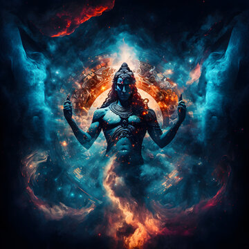 Lord Shiva in a transcendental spiritual image against the background of the cosmos. Mahamaya. Gurudeva. electronic art. Generative AI
