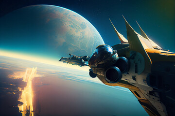 Obraz na płótnie Canvas Starfighter flying towards a water planet.
