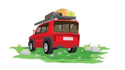 Rear side of tourist car with luggage on the rack and flysheet to protect it from the rain. Parking on the green grass with stone. on isolate white background.
