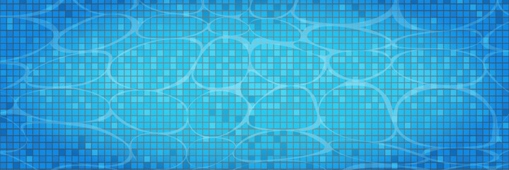 Swimming pool caustics ripple background. Blue swimming pool for backdrop, banner, wallpaper, surface pattern, cover and banner. Swimming pool bottom background. Summer concept, vector illustration