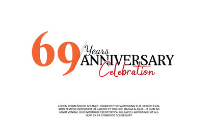 Vector 69 years anniversary logotype number with red and black color for celebration event isolated.