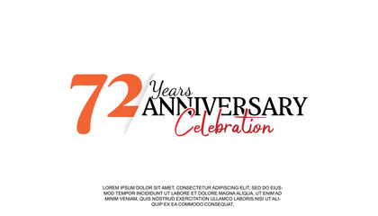 Vector 72 years anniversary logotype number with red and black color for celebration event isolated.