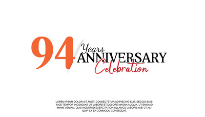 Vector 94 years anniversary logotype number with red and black color for celebration event isolated.