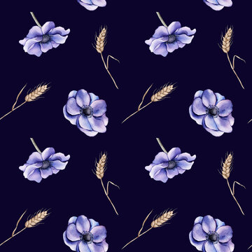 Seamless wheat spikelet pattern, purple anemones. Watercolor herbal background for textile, wallpapers, bakery decor. Wheat spikelets watercolor seamless pattern