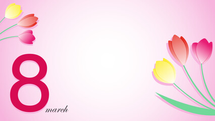 Postcard for March 8 with tulips and pink gradient. Vector illustration
