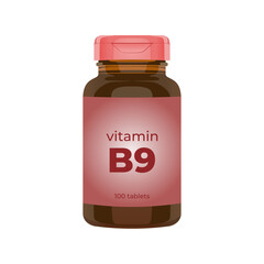 Realistic popular vitamin B9 bottle packaging mockup vector illustration in trendy flat 3d design style. Tablets medicine brown bottle icon. Editable graphic resources for many purposes.