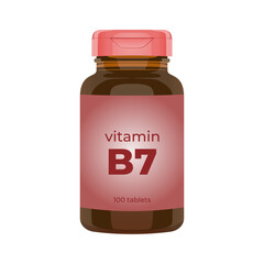 Realistic popular vitamin B7 bottle packaging mockup vector illustration in trendy flat 3d design style. Tablets medicine brown bottle icon. Editable graphic resources for many purposes.