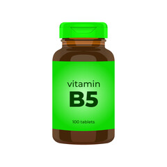 Realistic popular vitamin B5 bottle packaging mockup vector illustration in trendy flat 3d design style. Tablets medicine brown bottle icon. Editable graphic resources for many purposes.