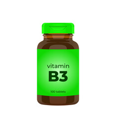 Realistic popular vitamin B3 bottle packaging mockup vector illustration in trendy flat 3d design style. Tablets medicine brown bottle icon. Editable graphic resources for many purposes.