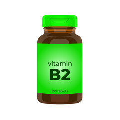 Realistic popular vitamin B2 bottle packaging mockup vector illustration in trendy flat 3d design style. Tablets medicine brown bottle icon. Editable graphic resources for many purposes.