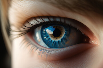 The iris of the human female blue eye.Macro shot.Photorealistic image created by AI