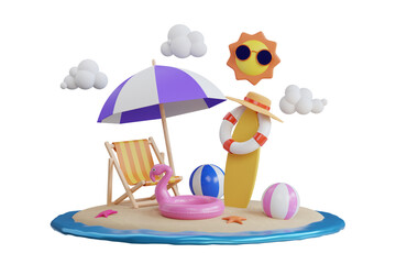 Summer vacation. beautiful summer on tropical beach. Summer and travel vacation concept with beach chair and umbrella. 3d illustration