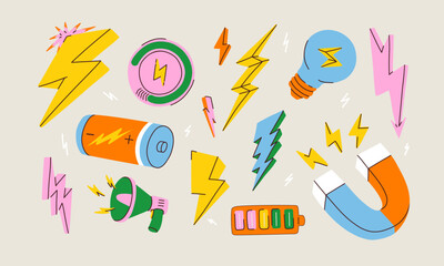 Lightning set in vibrant colors. Flash lights various shapes. Bulb, arrow, battery, magnet, charger, speaker vector items. Life energy or vitality concept. Power cartoon illustration. Isolated icons.